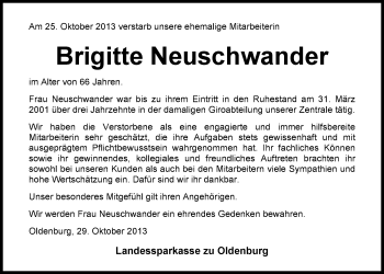 Traueranzeige von Brigitte Neuschwander von Nordwest-Zeitung