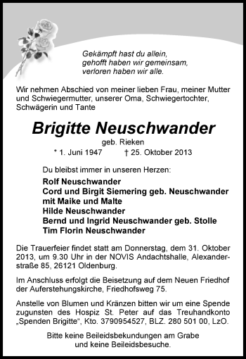 Traueranzeige von Brigitte Neuschwander von Nordwest-Zeitung