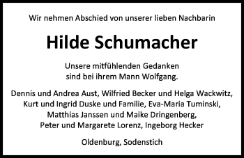 Traueranzeige von Hilde Schumacher von Nordwest-Zeitung