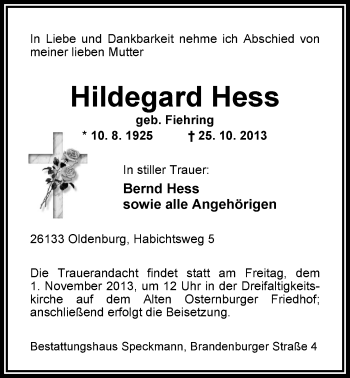 Traueranzeige von Hildegard Hess von Nordwest-Zeitung