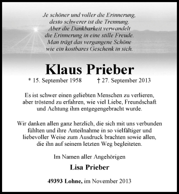Traueranzeige von Klaus Prieber von Nordwest-Zeitung