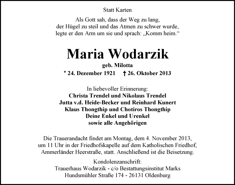  Traueranzeige für Maria Wodarzik vom 30.10.2013 aus Nordwest-Zeitung