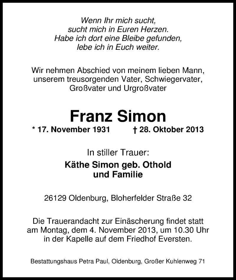  Traueranzeige für Franz Simon vom 30.10.2013 aus Nordwest-Zeitung