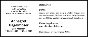 Traueranzeige von Annegret Hagelmoser von Nordwest-Zeitung