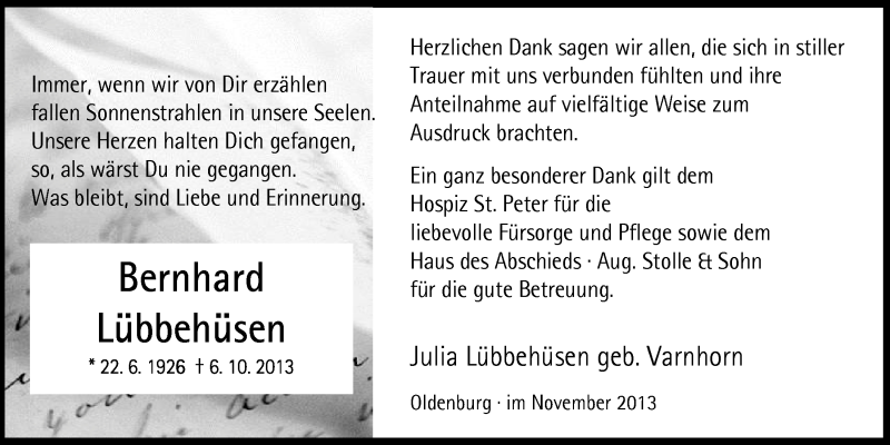  Traueranzeige für Bernhard Lübbehüsen vom 02.11.2013 aus Nordwest-Zeitung