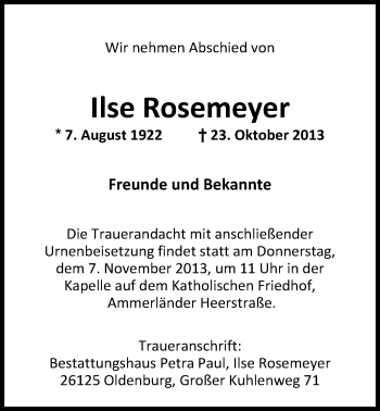Traueranzeige von Ilse  Rosemeyer von Nordwest-Zeitung