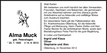Traueranzeige von Alma Muck von Nordwest-Zeitung