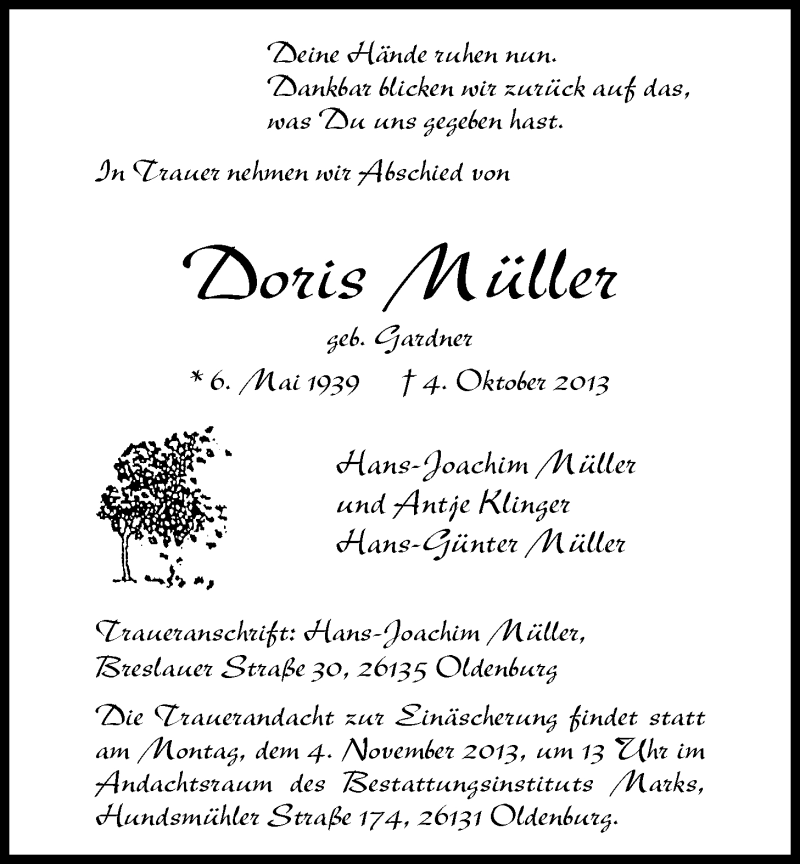  Traueranzeige für Doris Müller vom 31.10.2013 aus Nordwest-Zeitung