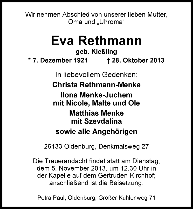  Traueranzeige für Eva Rethmann vom 31.10.2013 aus Nordwest-Zeitung
