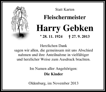 Traueranzeige von Harry Gebken von Nordwest-Zeitung