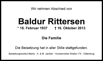 Traueranzeige von Baldur Rittersen von Nordwest-Zeitung