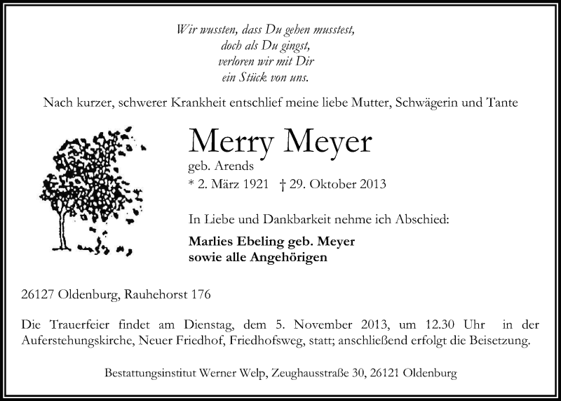  Traueranzeige für Merry Meyer vom 01.11.2013 aus Nordwest-Zeitung