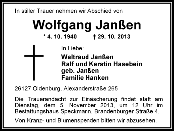 Traueranzeige von Wolfgang Janßen von Nordwest-Zeitung