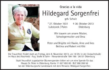 Traueranzeige von Hildegard Sorgenfrei von Nordwest-Zeitung