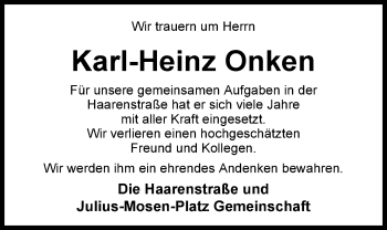 Traueranzeige von Karl-Heinz Onken von Nordwest-Zeitung