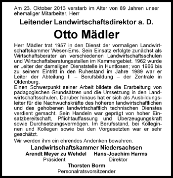 Traueranzeige von Otto Mädler von Nordwest-Zeitung