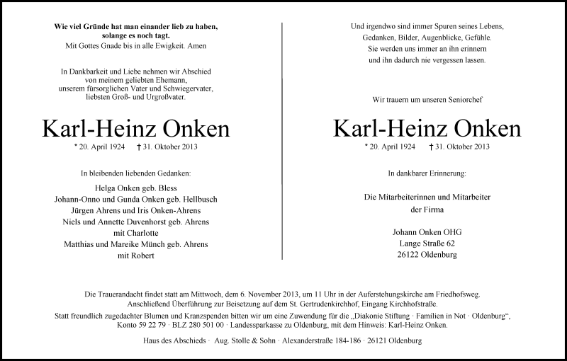  Traueranzeige für Karl-Heinz Onken vom 02.11.2013 aus Nordwest-Zeitung