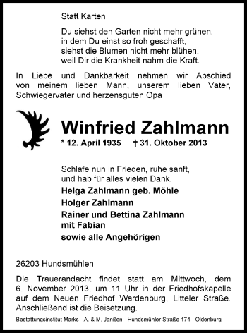 Traueranzeige von Winfried Zahlmann von Nordwest-Zeitung
