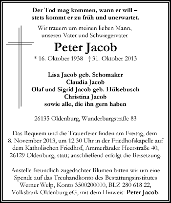 Traueranzeige von Peter Jacob von Nordwest-Zeitung