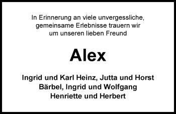 Traueranzeige von Alex Sander von Nordwest-Zeitung