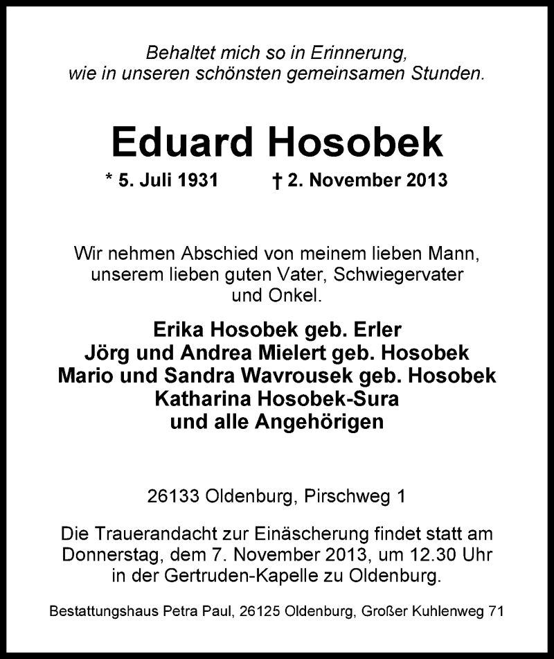  Traueranzeige für Eduard Hosobek vom 05.11.2013 aus Nordwest-Zeitung