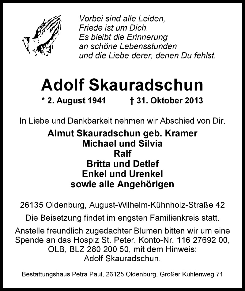  Traueranzeige für Adolf Skauradschun vom 05.11.2013 aus Nordwest-Zeitung