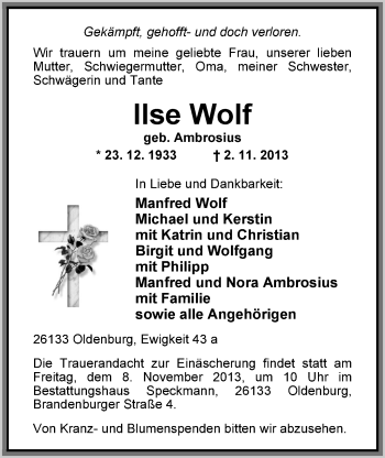Traueranzeige von Ilse Wolf von Nordwest-Zeitung