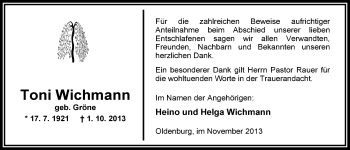 Traueranzeige von Toni Wichmann von Nordwest-Zeitung