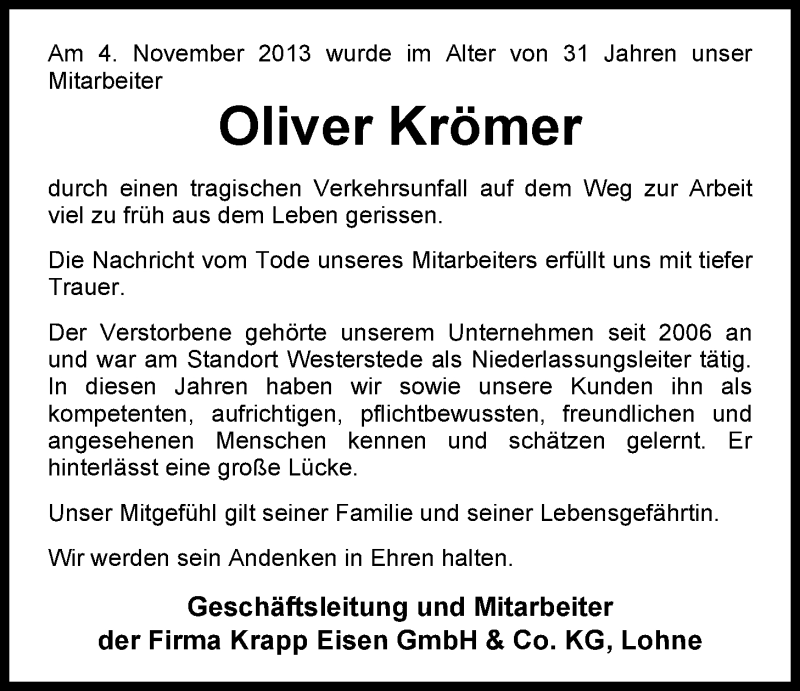  Traueranzeige für Oliver Krömer vom 07.11.2013 aus Nordwest-Zeitung