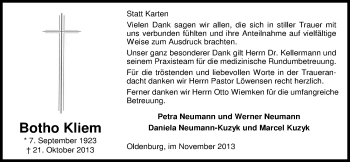 Traueranzeige von Botho Kliem von Nordwest-Zeitung
