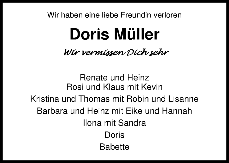  Traueranzeige für Doris Müller vom 09.11.2013 aus Nordwest-Zeitung