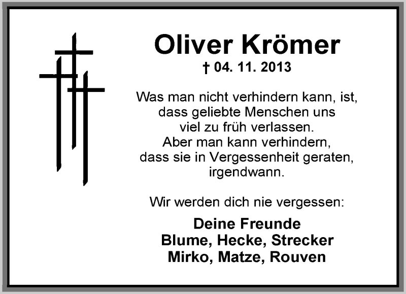  Traueranzeige für Oliver Krömer vom 06.11.2013 aus Nordwest-Zeitung