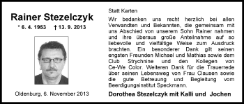 Traueranzeige von Rainer Stezelczyk von Nordwest-Zeitung