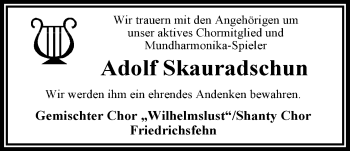 Traueranzeige von Adolf Skauradschun von Nordwest-Zeitung