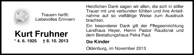  Traueranzeige für Kurt Fruhner vom 08.11.2013 aus Nordwest-Zeitung