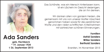 Traueranzeige von Ada Sanders von Nordwest-Zeitung