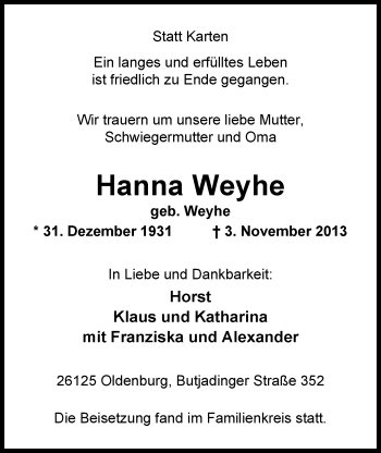 Traueranzeige von Hanna Weyhe von Nordwest-Zeitung