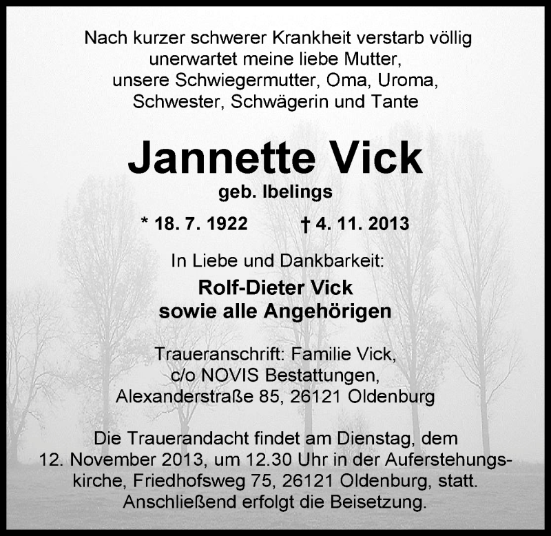  Traueranzeige für Jannette Vick vom 09.11.2013 aus Nordwest-Zeitung
