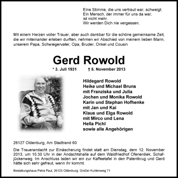 Traueranzeige von Gerd Rowold von Nordwest-Zeitung