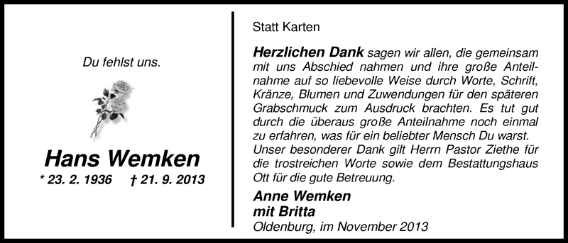  Traueranzeige für Hans Wemken vom 09.11.2013 aus Nordwest-Zeitung