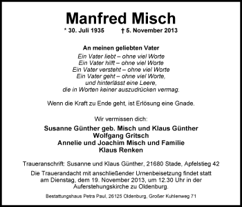 Traueranzeige von Manfred Misch von Nordwest-Zeitung