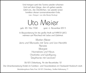 Traueranzeige von Uta Meier von Nordwest-Zeitung