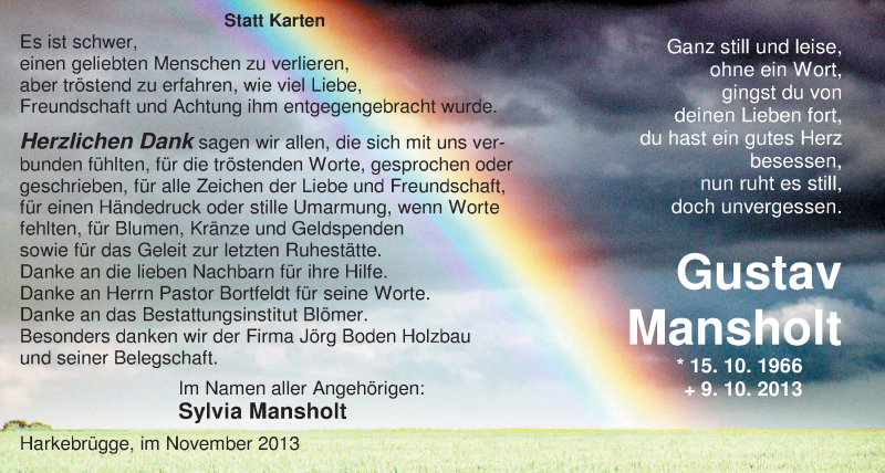  Traueranzeige für Gustav Mansholt vom 09.11.2013 aus Nordwest-Zeitung