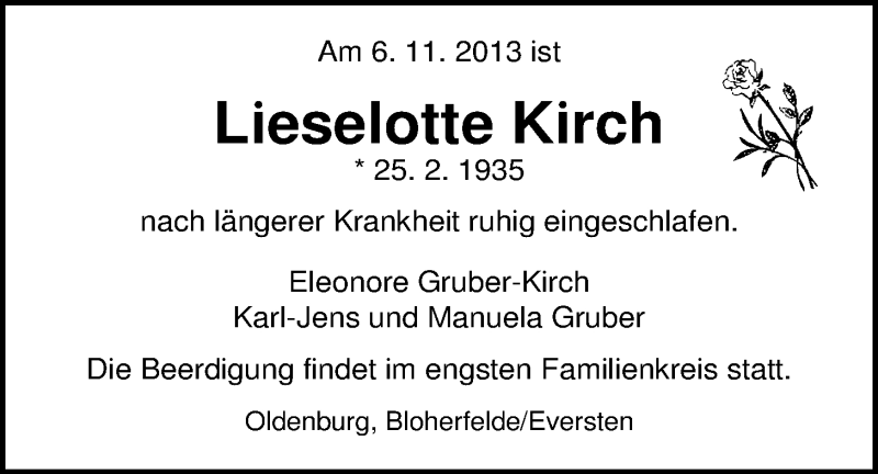  Traueranzeige für Lieselotte Kirch vom 08.11.2013 aus Nordwest-Zeitung