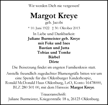 Traueranzeige von Margot Kreye von Nordwest-Zeitung