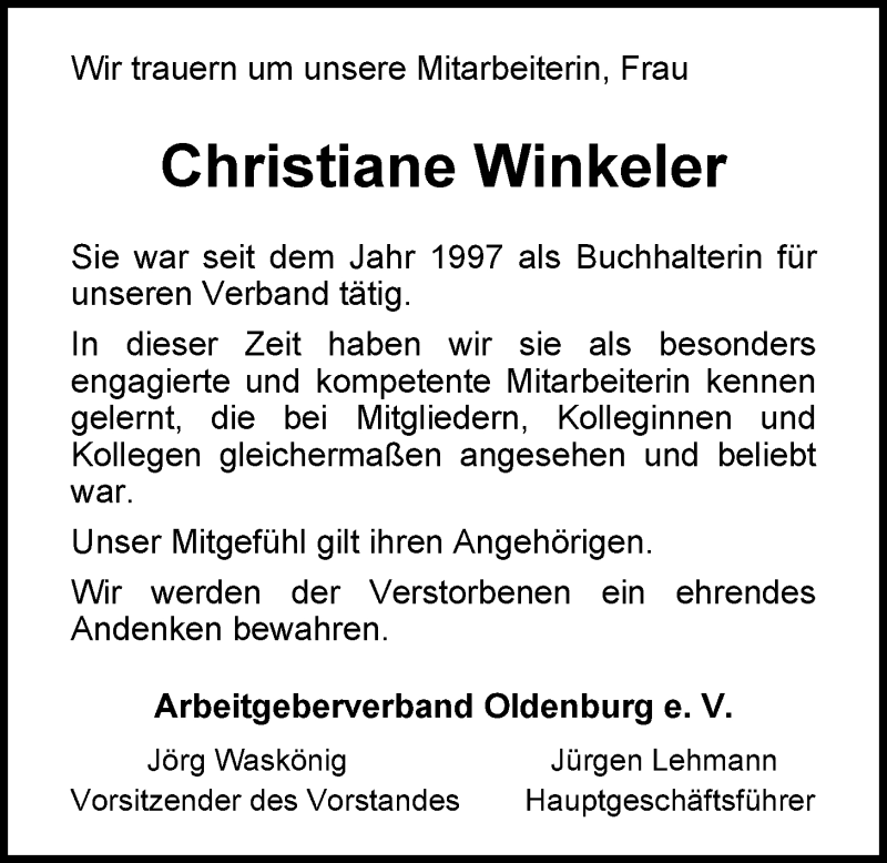  Traueranzeige für Christiane Winkeler vom 08.11.2013 aus Nordwest-Zeitung