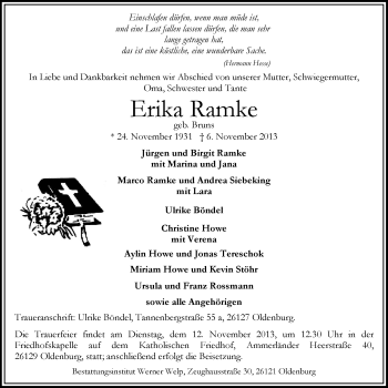 Traueranzeige von Erika Ramke von Nordwest-Zeitung