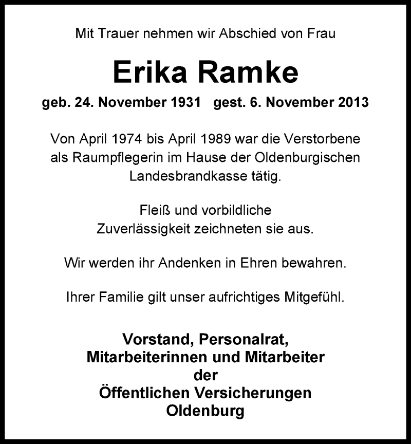  Traueranzeige für Erika Ramke vom 11.11.2013 aus Nordwest-Zeitung