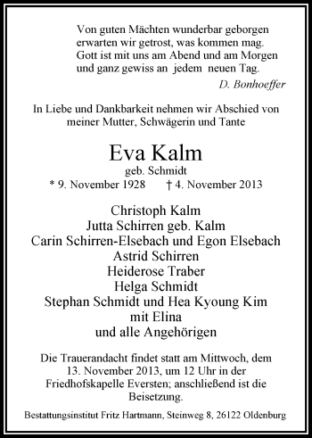 Traueranzeige von Eva Kalm von Nordwest-Zeitung