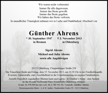 Traueranzeige von Günther Ahrens von Nordwest-Zeitung